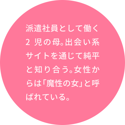 派遣社員として働く2児の母。出会い系サイトを通じて純平と知り合う。女性からは「魔性の女」と呼ばれている。