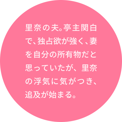 里奈の夫。亭主関白で、独占欲が強く、妻を自分の所有物だと思っていたが、里奈の浮気に気がつき、追及が始まる。